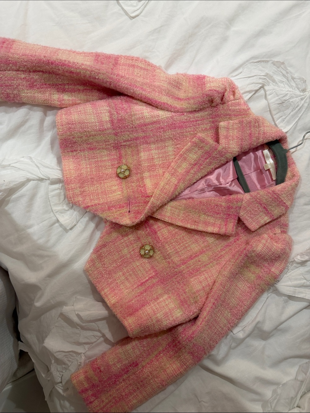 Pink Tweed Cropped Blazer with Decorative Buttons LoveShackFancy
